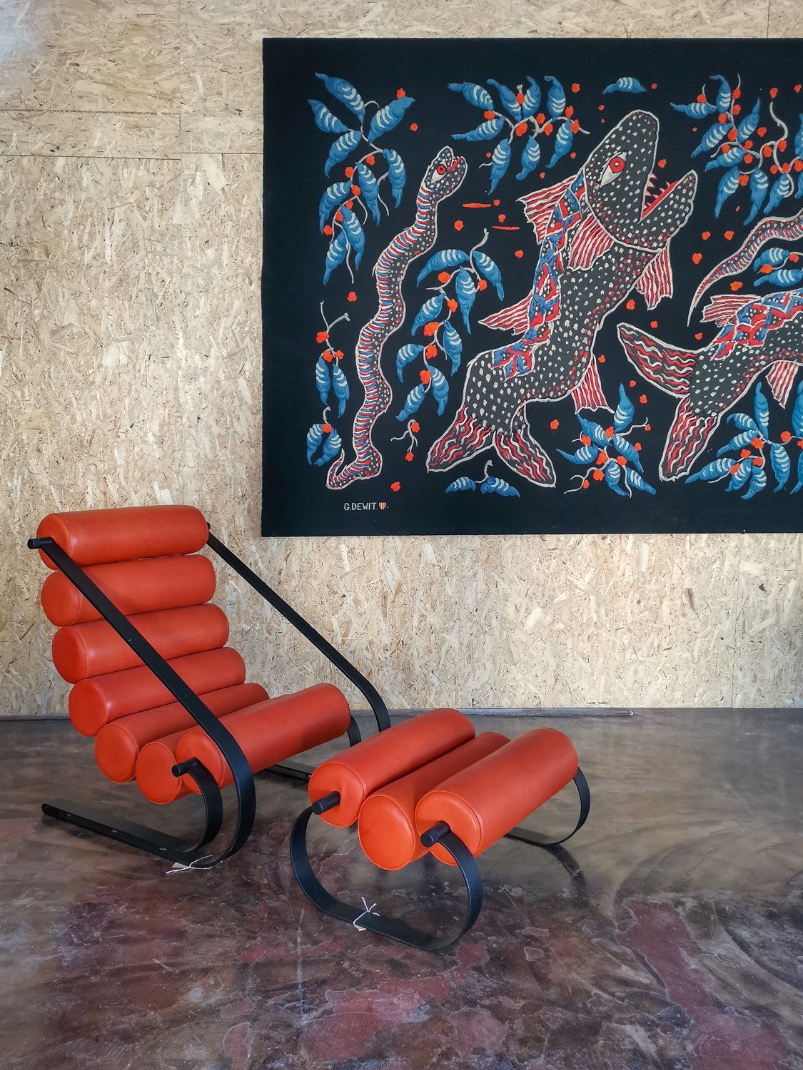 Leather chair and tapestry at Morentz